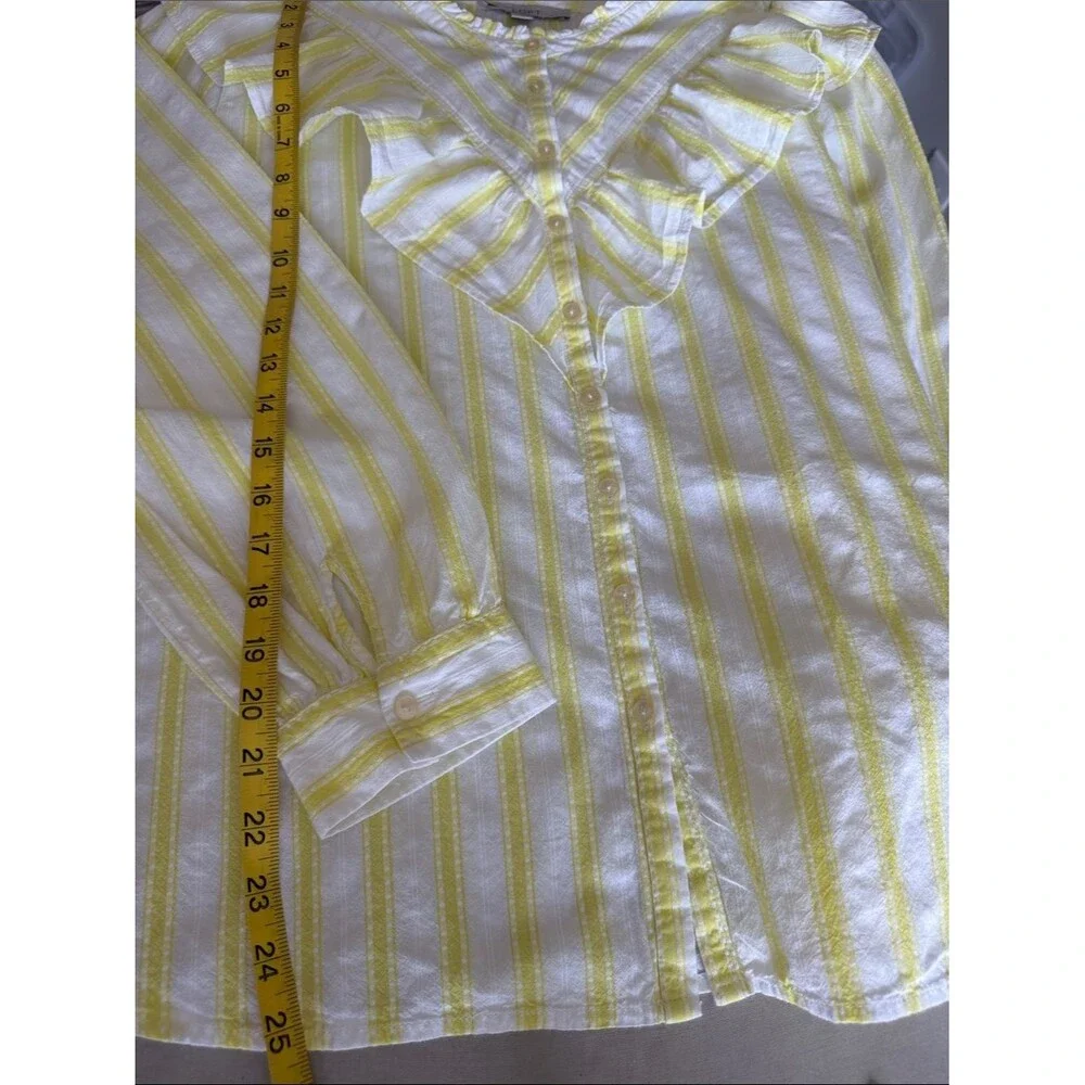 LOFT XL Yellow White Stripe Ruffle Collar Button Front Cotton Blouse Cottage